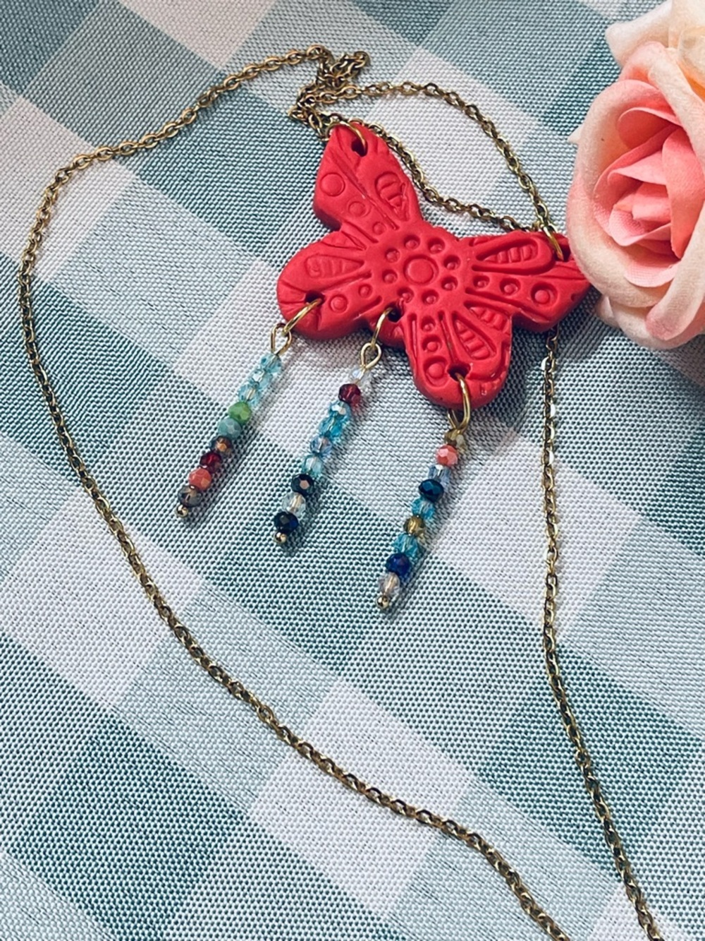 Bohemian style Red Butterfly Pendant Necklace with Multicolor Beaded Tassels - Picture 4 of 4